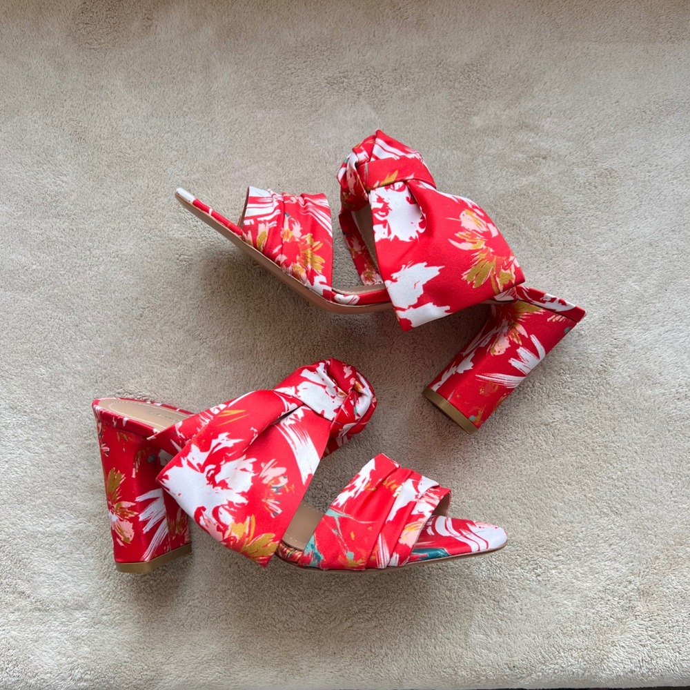 NEW Lewit Women 7.5 EU 38.5 Red Floral Knotted Block Heel Slide‎ Sandals Italy